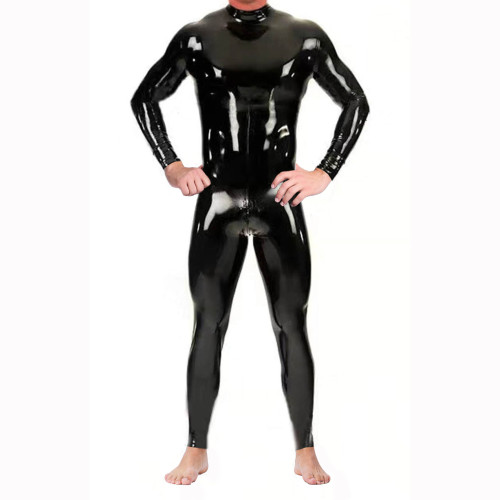 Men's Lingerie Black Patent PU Leather Long Sleeve Jumpsuit