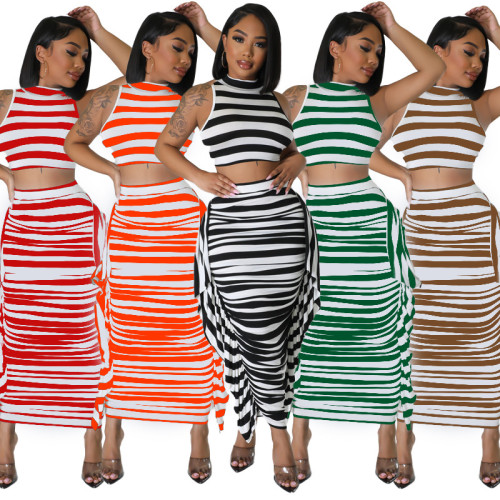 Sexy Striped Tight Fit Crop Tank Top and Tassel Long Skirt Two-Piece Set