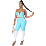 Fashion Casual Patchwork Strapless Lace-Up 2 Piece Pants Set