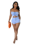 Solid Drawstring Strapless Crop Top and Shorts 2-Piece Set