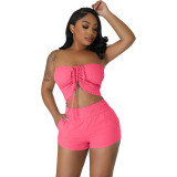 Solid Drawstring Strapless Crop Top and Shorts 2-Piece Set