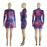 Abstract Print Mesh Sexy Bodycon Dress