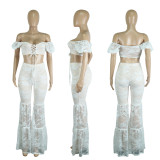 White Lace Off Shoulder Crop Top +Flare Ruffle Pants 2PCS Set