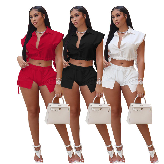 Fashion 2 Piece Set Button Down Turndown Collar Crop Top + Shorts