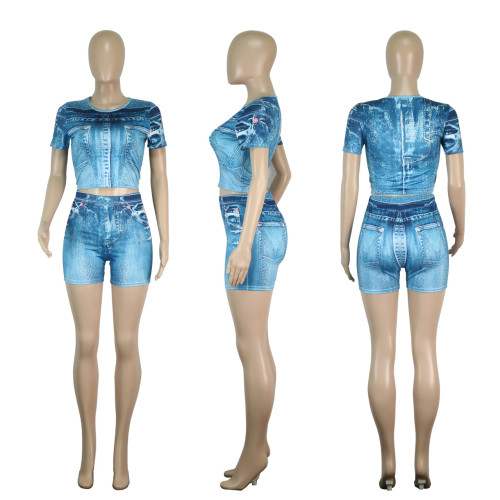 Fashion 2-Piece Set Print Fake Denim Short Sleeve Top & Shorts