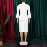 African Solid V-neck Puff Sleeve Slit Office Dress