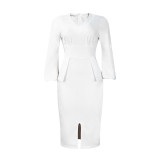 African Solid V-neck Puff Sleeve Slit Office Dress