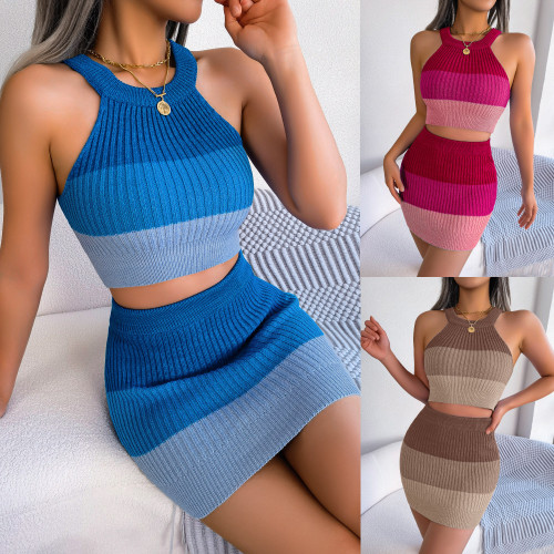 Gradient Knit Halter Sleeveless Crop Top and Skirt Two Piece Set