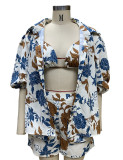 Floral Print Shirt + Cami Top +Shorts 3PCS Set