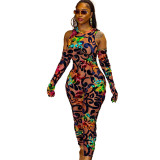 Print High Stretch Tight Sexy Sleeveless Jumpsuit with Gloves