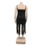 Plus Size Solid Sleeveless Fringe Cami Slim Fit Midi Dress