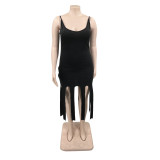 Plus Size Solid Sleeveless Fringe Cami Slim Fit Midi Dress