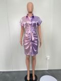 Sexy Ruched Satin Short Sleeve Button Tie Waist Two Tone Blouse Dress