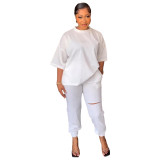 Loose Casual 2PCS Set Half Sleeve Top and Ripped Cargo Pants Set