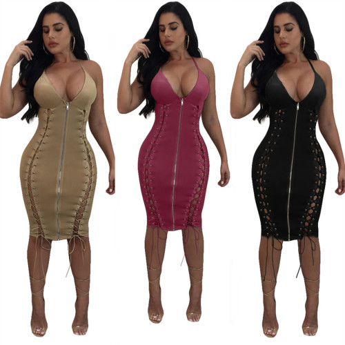Sexy Hollow Out Lace-Up Cami Bodycon Dress