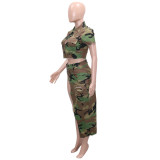 Summer Casual Camouflage Print Turndown Collar Short Sleeve Slit Skirt Set