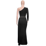 Elegant Solid One Shoulder Long Sleeve Long Evening Gown