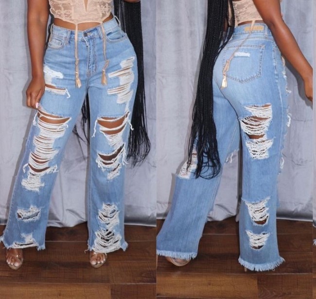 Sexy Blue Ripped Casual Denim Pants