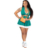 Casual Sexy Colorblock Zipper Sleeveless Top & Pleated Skirt 2PCS Set