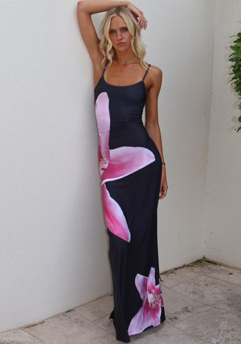 Floral Print Sexy Slit Back Slim Cami Maxi Dress