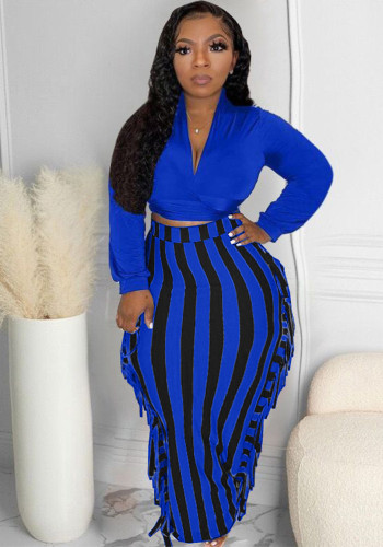 Blue Crop Top and Side Tassel Long Skirt Plus Size Long Sleeve 2PCS Set