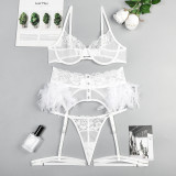 White Sexy Feather Trim Underwear 4PCS Set