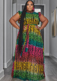 Sexy Plus Size Leopard Print Tie Waist Ruffles Sleeveless Maxi Dress