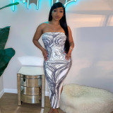 Sexy Print Strapless Ribbed Slit Midi Dress For Women