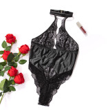 Black Sexy Mesh PU Patchwork Plunge Teddy Lingerie Underwear
