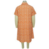 Printed Plus Size Casual Dress Turndown Collar Short Sleeve Loose Dress