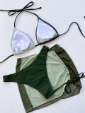 Three-Piece Swimsuit Contrast Bikini Set with Cover-Up Skirt