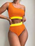 Color Block One Shoulder High Waisted Two Piece Swimwear