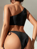 Black Sexy Lace Up One Shoulder Ribbed Bikini Set