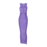 Summer Solid Hollow Out Bodycon Sleeveless Long Dress