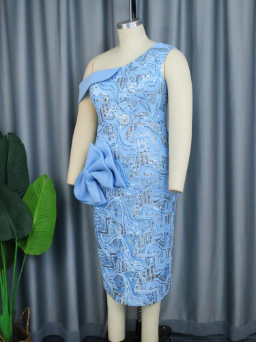 Sequined Blue Slash Shoulder Bow Trim Party Dress