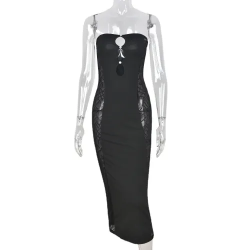 Sexy Black Strapless Hollow Out Mesh Bodycon Dress