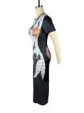 Trendy Print Round Neck Short Sleeve Bodycon Maxi Dress