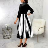 Sexy Black White Printing Half-Sleeve A-Line Midi Dress