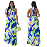 Halter Backless Geometric Print Sleeveless Pleated Maxi Dress