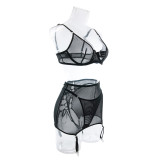 Black Mesh See-Through Sexy Lace Up 3PCS Lingerie Set