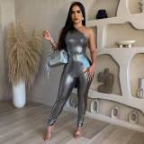 Sexy Sleeveless One Shoulder Shiny Bodycon Jumpsuit