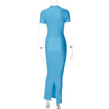 Blue Slit Back Short Sleeve Round Neck Slim Fit Maxi Dress