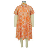 Printed Plus Size Casual Dress Turndown Collar Short Sleeve Loose Dress