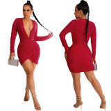 Sexy Solid Plunge Neck Ruched Bodycon Dress
