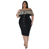 Plus Size Lace Patchwork Off Shoulder Ruffle Midi Dress