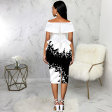 Sexy Off Shoulder White and Black Print Office Dress