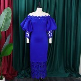 Women's Off Shoulder Puff Sleeve Lace Patchwork Long Party Dress
