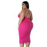 Plus Size Solid Ribbed Cross Back Cami Bodycon Dress