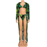 Sexy Mesh Tropical Print Three-Piece Swimwear Bikini Set with Cover-Up