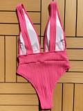 Solid Ribbed Plunge Neck One Piece Swimwear